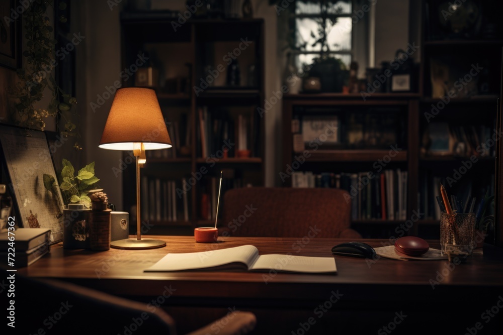 Poster a simple desk with a lamp and a book. perfect for office or study-related designs