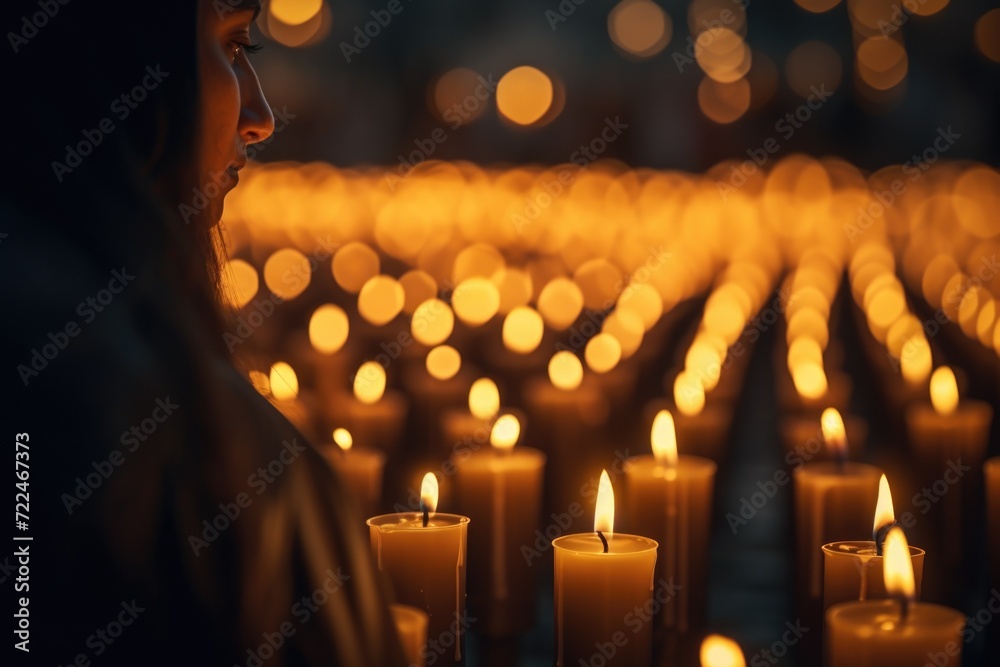Aufkleber a person is seen looking at a row of lit candles. this image can be used to create a peaceful and se