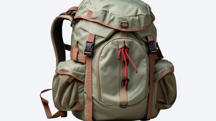A green backpack with a red handle is pictured on a white background. This versatile image can be used to depict travel, adventure, school, or outdoor activities
