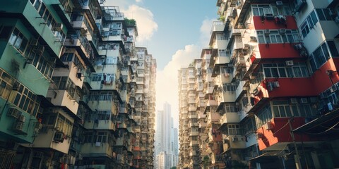 Obraz premium A narrow street lined with tall buildings in a bustling city. Ideal for cityscape backgrounds or urban architecture concepts