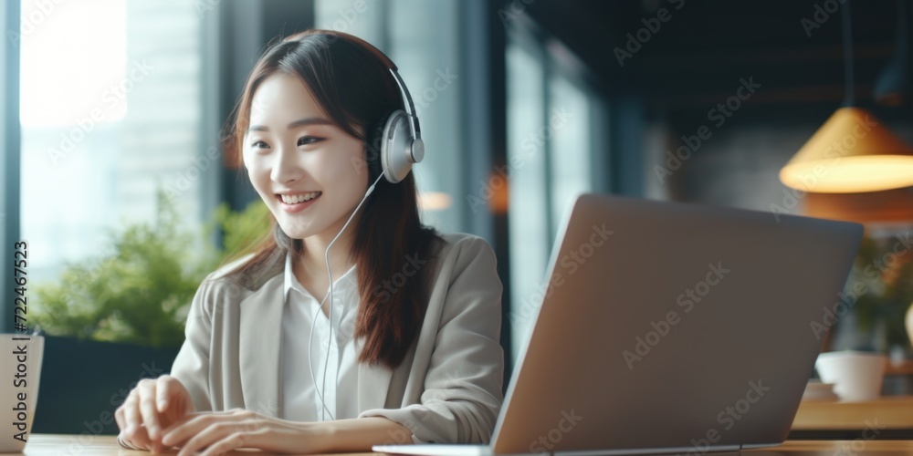 Poster a woman sitting at a table, using a laptop and wearing headphones. this image can be used to depict 
