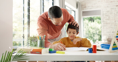 Home learning, father or kid in kindergarten studying for knowledge, education or growth...