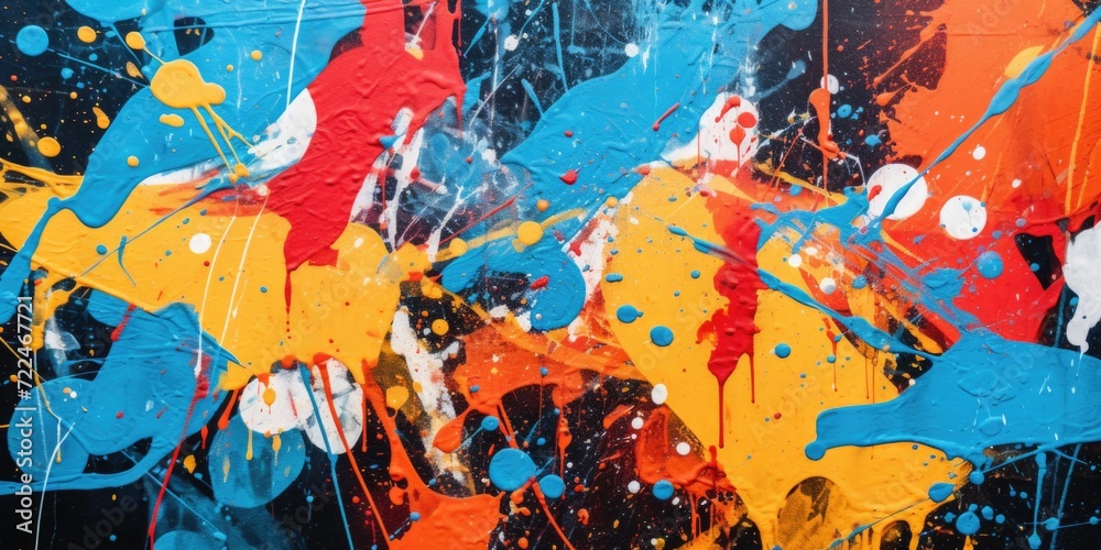 Poster Colorful abstract painting with splatters of blue, orange, and red paint. Perfect for adding a vibrant touch to any project or design