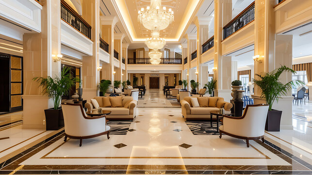 Step into luxury at this exquisite hotel lobby with its elegant furnishings and stunning grand entrance.