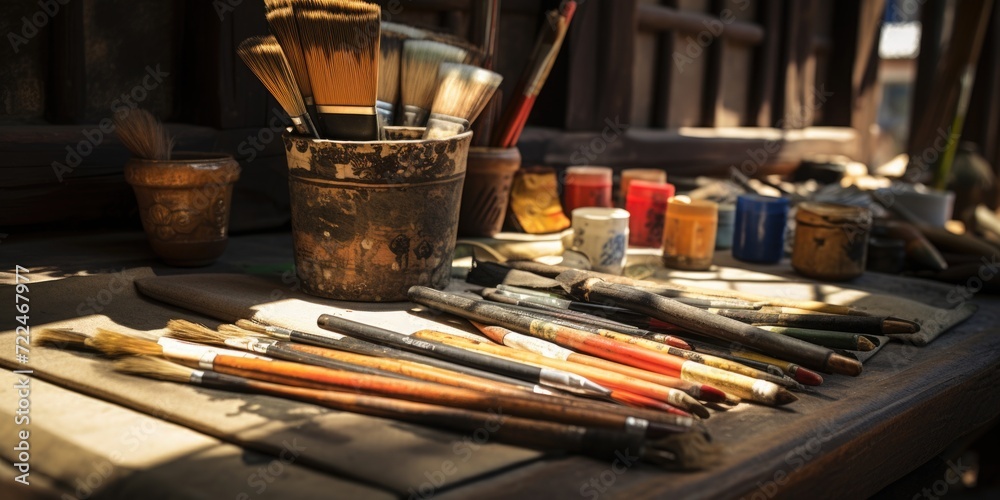 Poster a collection of paint brushes neatly arranged on a table. ideal for art and painting projects