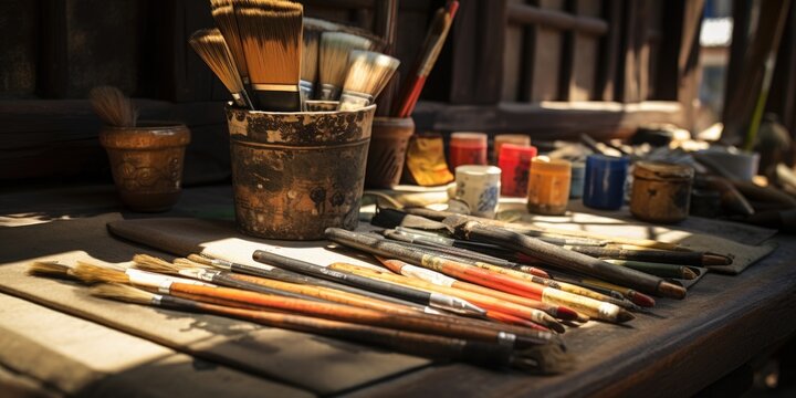 A collection of paint brushes neatly arranged on a table. Ideal for art and painting projects