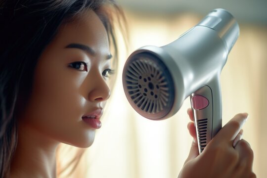 Woman blow drying her hair with a hair dryer. Suitable for beauty and grooming concepts