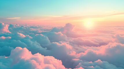 Large white and blue clouds against a soft sky background, top view of a white cloudy sky through the rays of the sun. - obrazy, fototapety, plakaty