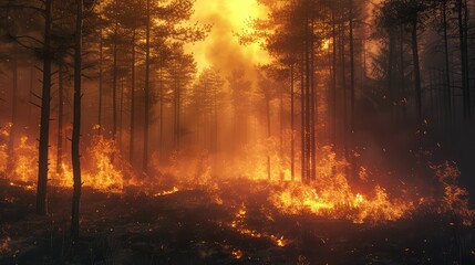 a black forest on a mountainside engulfed in fire, a lot of smoke and fire.. - obrazy, fototapety, plakaty