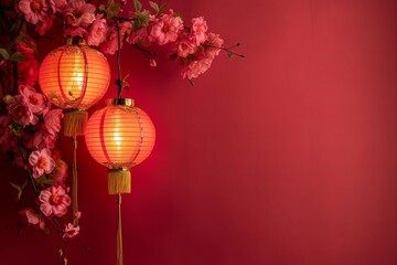 Happy Chinese new year, year of the golden dragon zodiac sign hanging beautiful lantern and flowers on red background. Copy space.