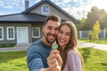 Happy young couple holding their home keys looking at the camera at their house front yard	