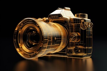 A gold camera on a sleek black background. Perfect for photography enthusiasts and professionals.
