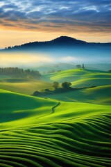 Obraz premium Green rolling hills and fields at sunrise. Generative AI.