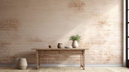 A simple wooden table with two vases placed on top. Suitable for home decor or interior design themes