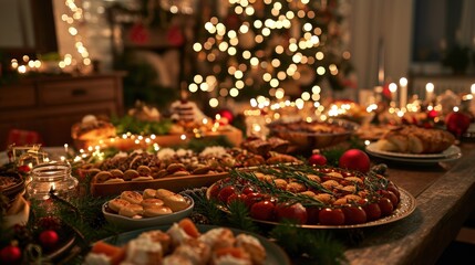  a table with a lot of food on it and a christmas tree in the background with lights in the background.
