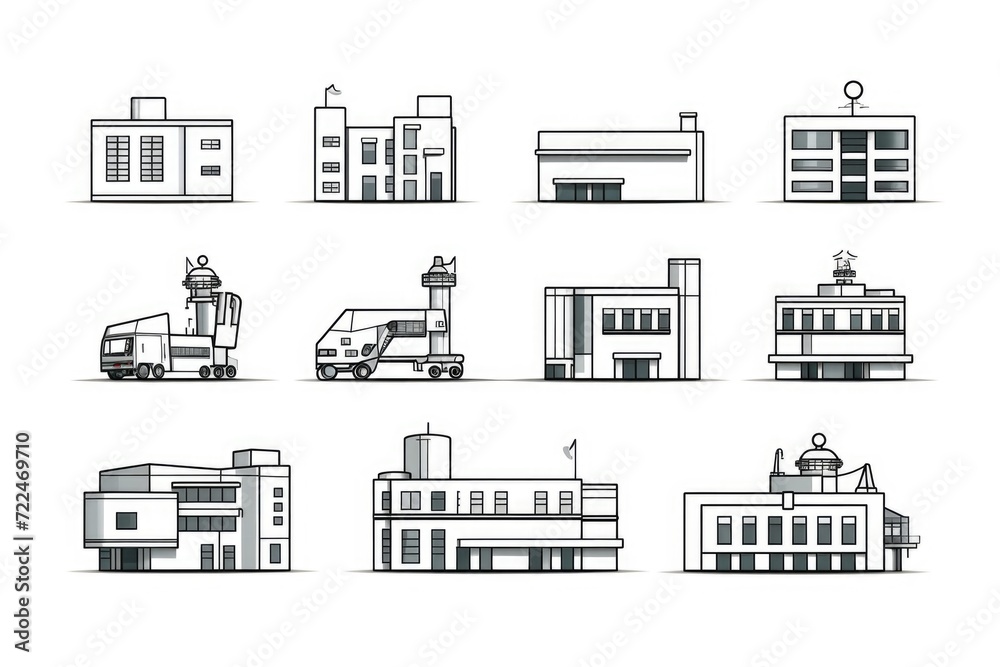 Poster a collection of black and white sketches showcasing various buildings. ideal for architectural prese