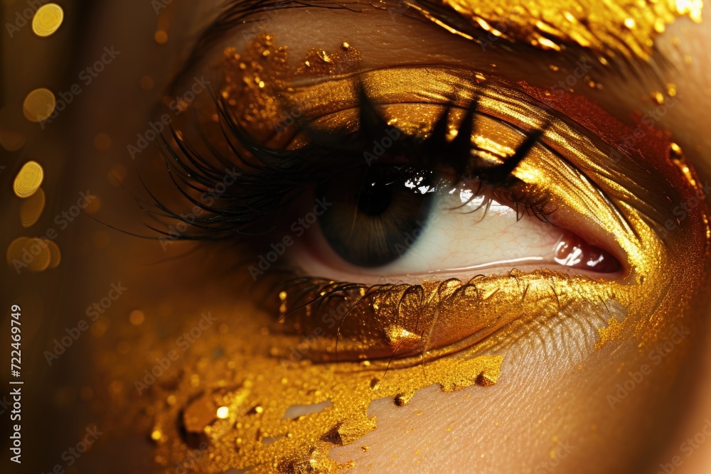 Aufkleber a close-up view of a person's eye with gold paint on it. this striking image can be used in various 