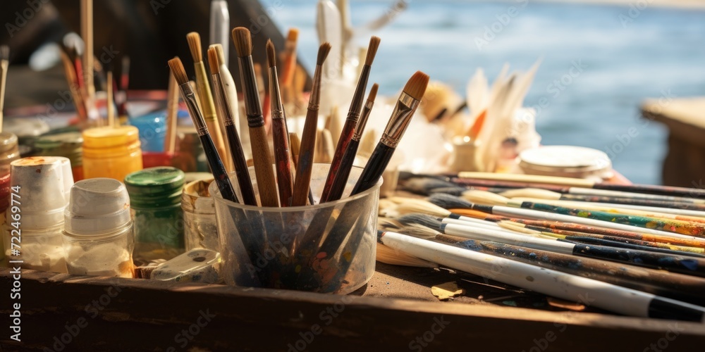 Poster Paint brushes neatly arranged on a table. Suitable for creative projects and art-related themes