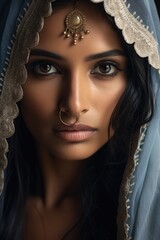 A woman wearing a veil and a nose ring. This image can be used to represent cultural diversity and traditional adornments