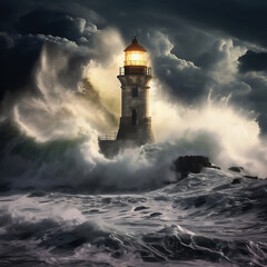 Naklejka na ściany i meble Lighthouse on a stormy sea. 3D render illustration.