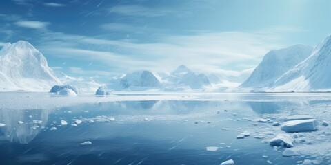 A picturesque snowy landscape featuring icebergs and snow floes. Perfect for winter-themed projects and nature enthusiasts