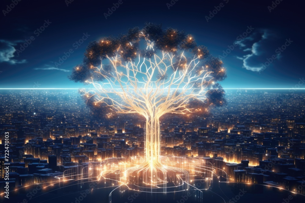 Poster a large tree stands tall in the midst of a bustling city at night. this image can be used to depict 