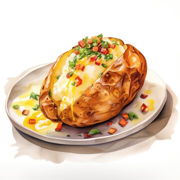Watercolor-Style baked potato with White Background