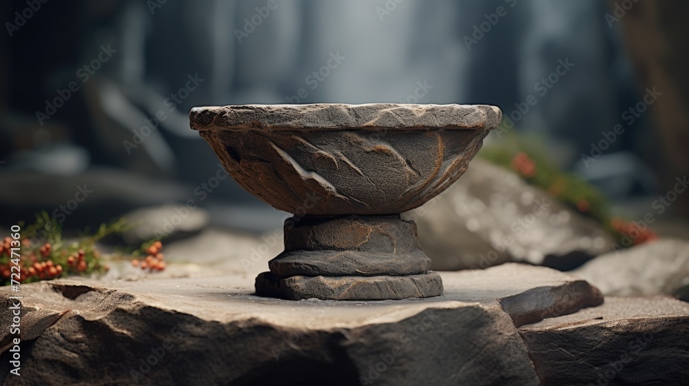 Poster A stone bowl placed on a stack of rocks. This versatile image can be used to depict concepts such as balance, nature, simplicity, and serenity. Ideal for websites, blogs, articles, and presentations