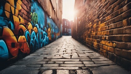 Sunset Glow Over Graffiti Art in Urban Alleyway