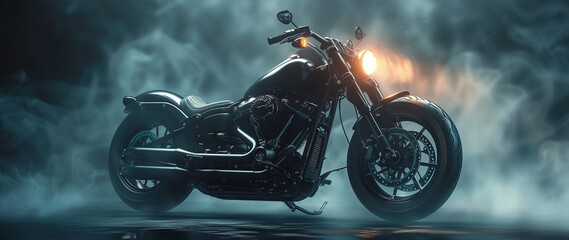 A dark modern motorcycle surrounded by smoke