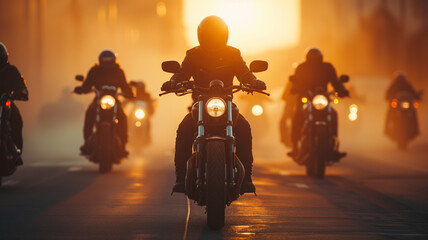 A group of motorcyclists travel at sunset in the city