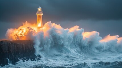  a lighthouse in the middle of the ocean with a huge wave in front of it and a light house on top of it.