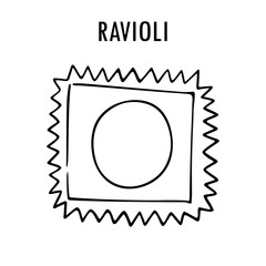Ravioli pasta doodle food illustration. Hand drawn graphic print of short macaroni type of stuffed pasta. Vector line art food ingredient of Italian cuisine