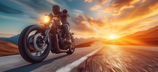 A man on a motorcycle rides fast on the road at sunset, banner with copyspace