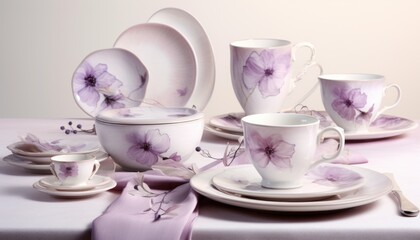 Fototapeta premium a close up of a table with a plate and cups and saucers and a plate with a flower on it.