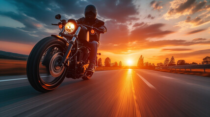 Fototapeta na wymiar A motorcyclist rides fast on the road at dusk, banner with copyspace