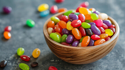 Fototapeta na wymiar A Wooden Bowl Full Of Colorful Bean Candies On Gr.