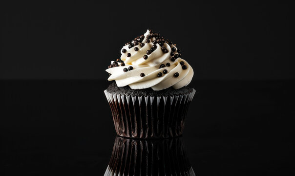 elegant chocolate cupcake with white frosting and chocolate sprinkles