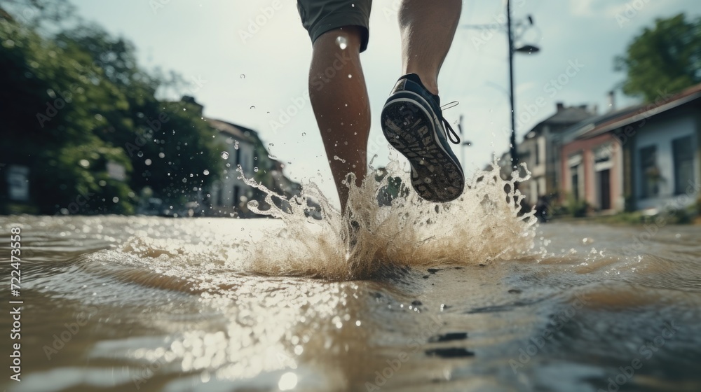 Poster a person is walking through a puddle of water. this image can be used to depict concepts of explorat