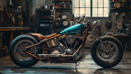 An old motorcycle parked in a garage