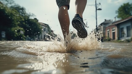 A person is walking through a puddle of water. This image can be used to depict concepts of exploration, adventure, or overcoming obstacles