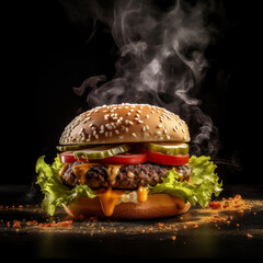 Studio shot of hamburger. Black background. Smoke