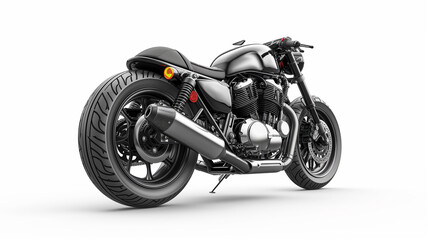Back view of a black motorcycle isolated on a white background