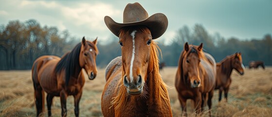 Horses and ponies wearing cowboy hats - obrazy, fototapety, plakaty