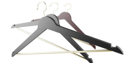 Various angles of black and brown cloth hangers, captured with depth of field and highlighted by a golden rod for clothes, isolated on a transparent background.