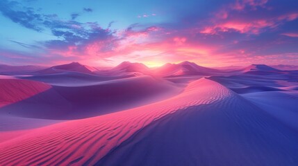  a sunset in the desert with a pink and blue sky and a pink and blue sky and some sand dunes.