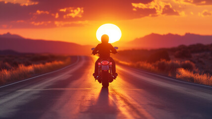 Back view of a motorcyclist at sunset on an american road