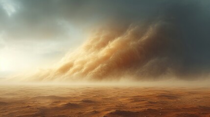  a desert landscape with a large amount of dust coming from the ground and a sky filled with clouds in the distance.