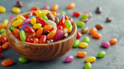 A Wooden Bowl Full Of Colorful Bean Candies On Gr.
