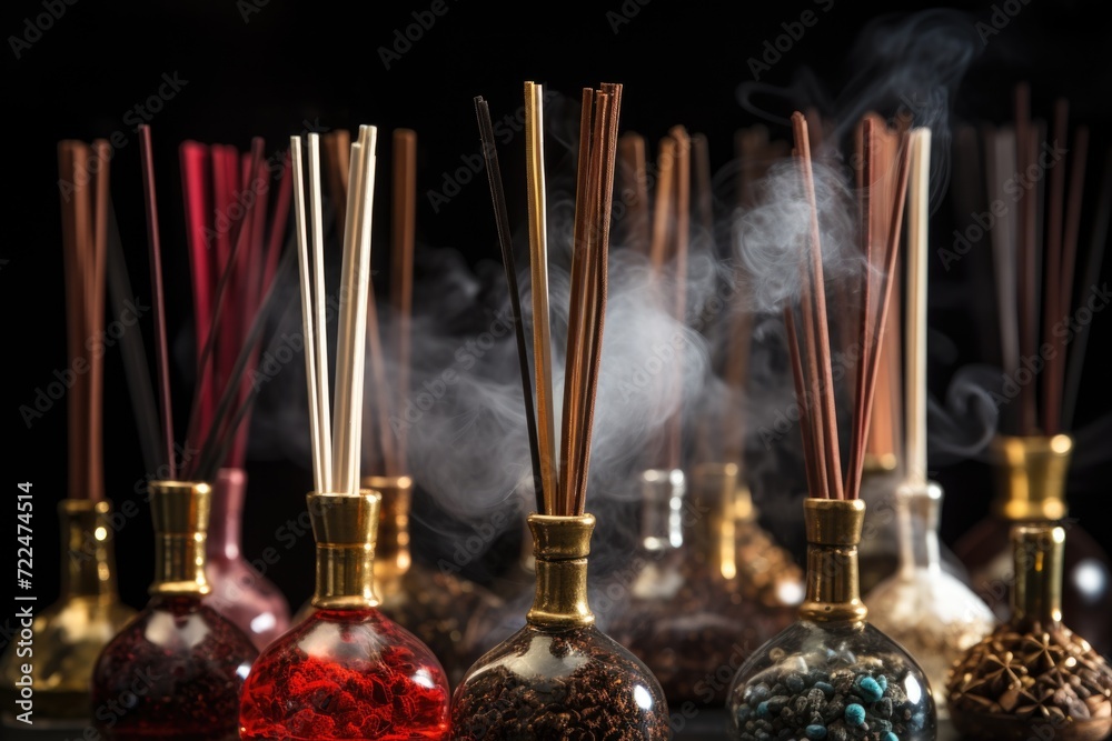 Poster A row of incense sticks in a glass container. Perfect for creating a calming and aromatic atmosphere.